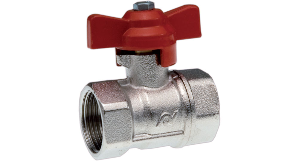 Ball valve reduced bore F.F. with red butterfly handle.