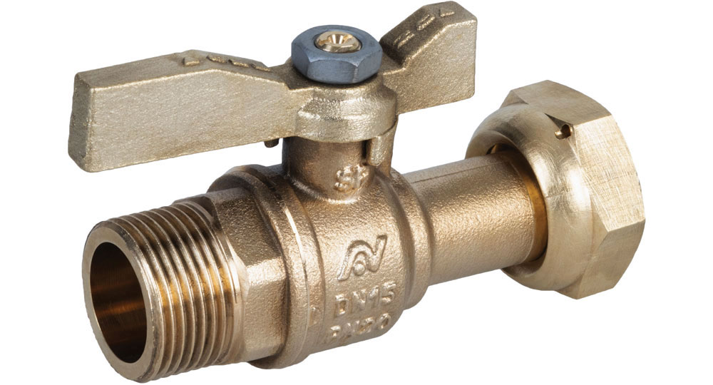 Ball valve for counter meters M.F./swivel union nut  with brass handle. Ecological brass CW510L