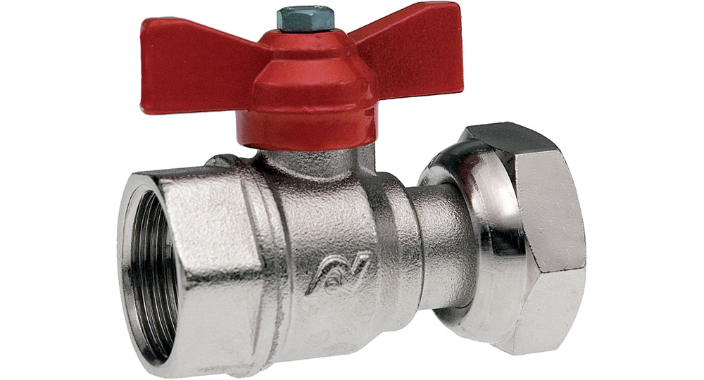 Ball valve for counter meters  F.F./drilled swivel union nut  with red butterfly handle.