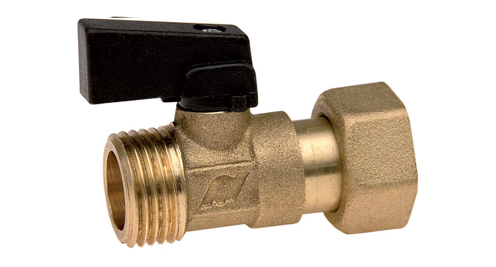Ball valve M.F./swivel union nutwith black plastic lever.