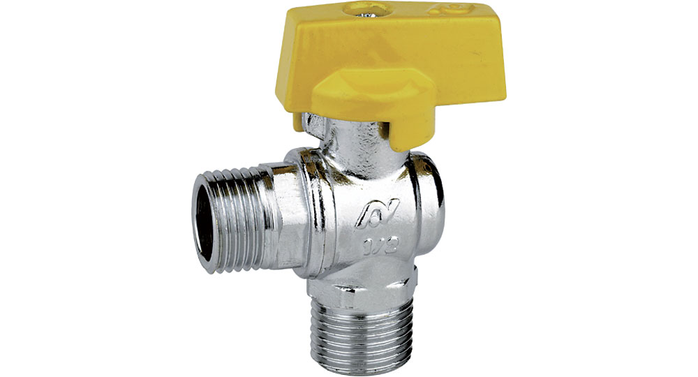 Angled ball valve for gas M.M. for steel flexiblehose EN 14800:2007.