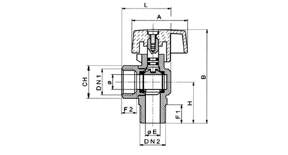 Angled ball valve for gas M.F. for steel flexible hose EN 14800:2007.