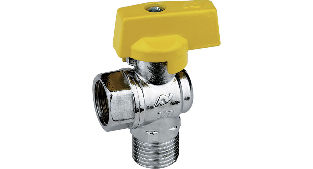 Angled ball valve for gas M.F. for steel flexible hose EN 14800:2007.