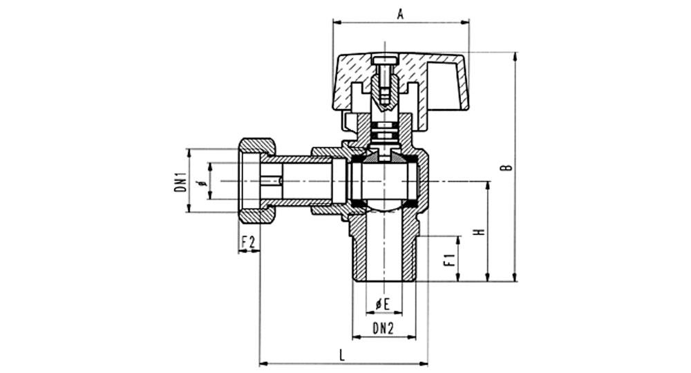 Angled ball valve for gas M.F./swivel union nut for steel flexible hose EN 14800:2007.