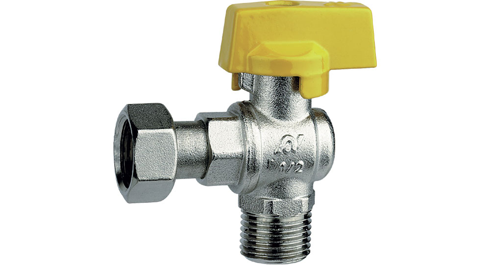 Angled ball valve for gas M.F./swivel union nut for steel flexible hose EN 14800:2007.