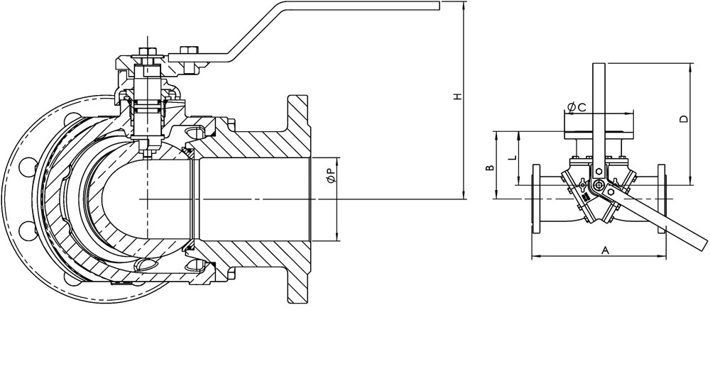 Three ways flanged ball valve PN16 - cast iron.  ”L” drilling.