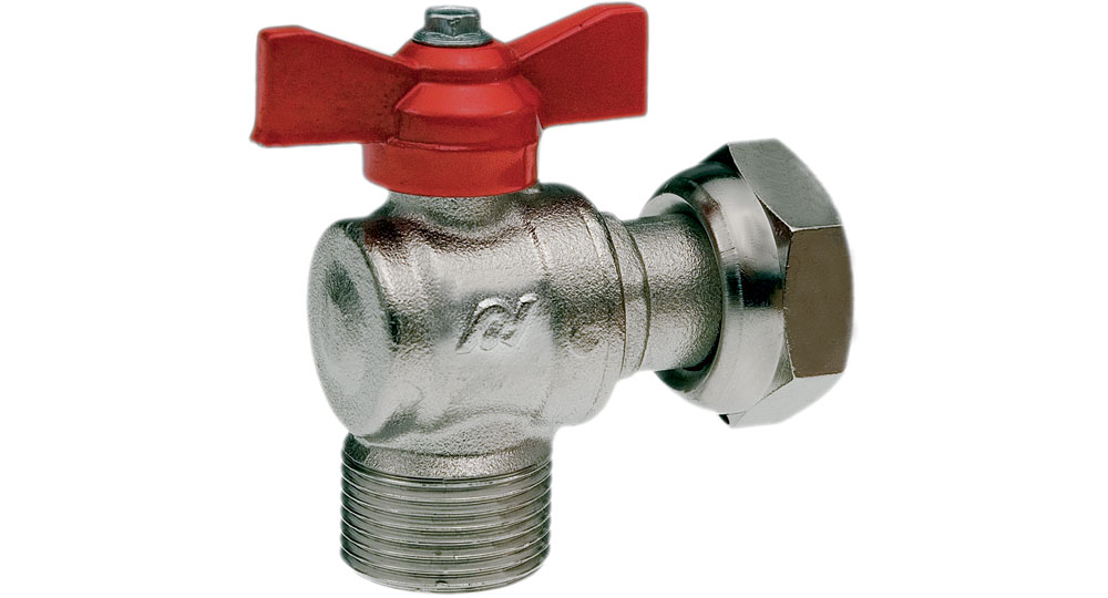 Angled ball valve for counter meters M.F./swivel union nut with red butterfly handle.