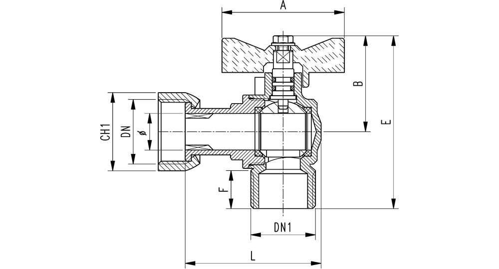 Angled Ball valve for gas M.F./swivel union nut with butterfly handle.