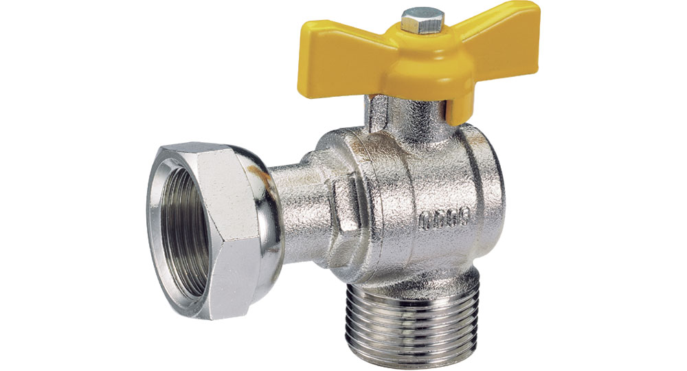 Angled Ball valve for gas M.F./swivel union nut with butterfly handle.