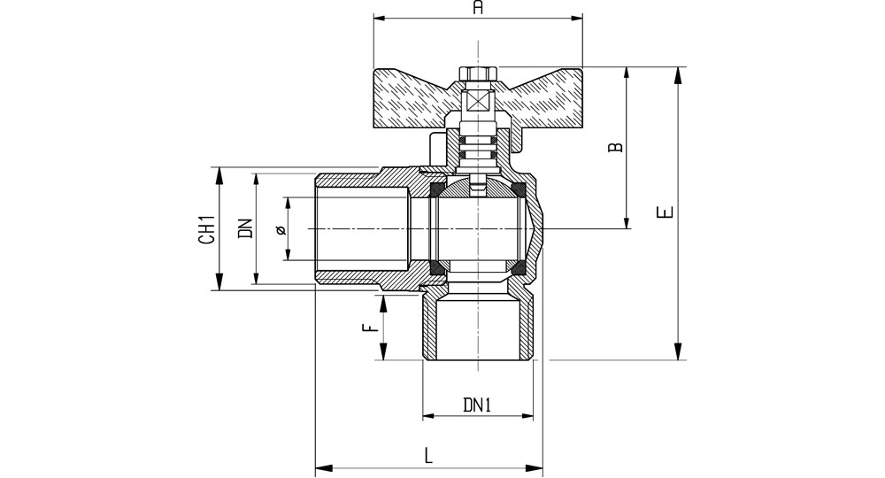 Angled ball valve for gas M.M. with butterfly handle.