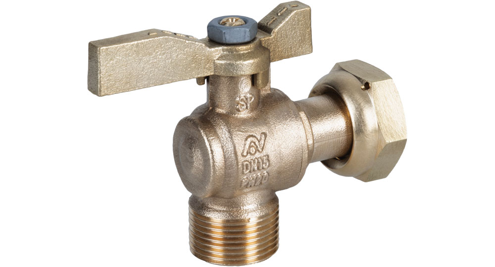 Angled ball valve for counter meters M.F./swivel union nut with brass handle. Ecological brass CW510L