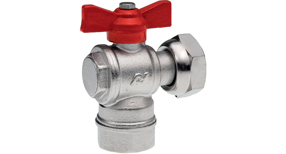 Angled ball valve for counter meters F.F./swivel union nut with red butterfly handle.