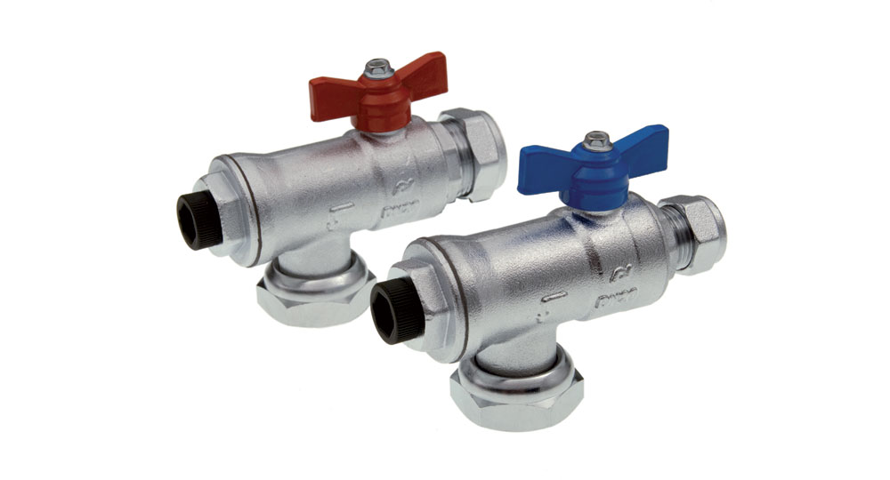 Angled ball valve with built-in strainer, check valve and inspection plug.