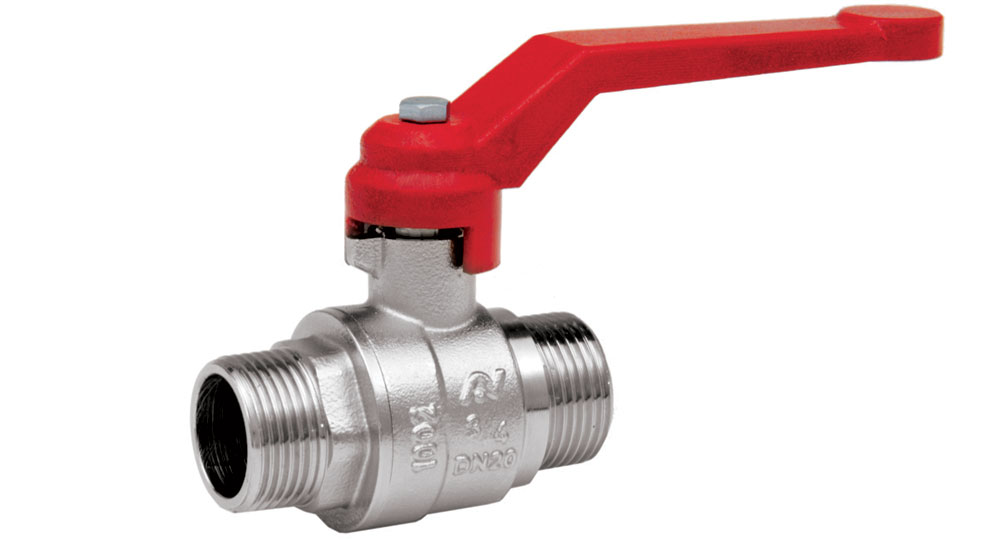 Ball valve full bore M.M. with red aluminium lever handle.