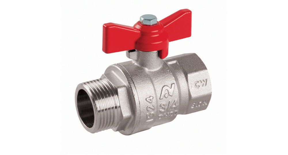 Ball valve full bore M.F. with red butterfly handle.