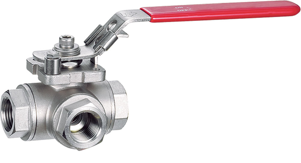 Three-way ball valve reduced bore F.F.F. stainless steel AISI 316.  ”L” drilling.