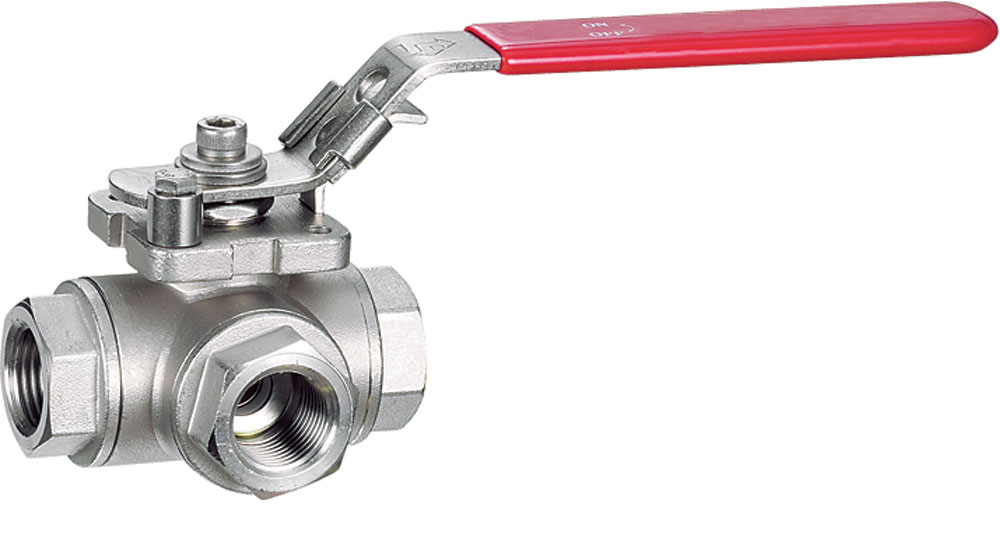 Three-way ball valve reduced bore F.F.F. stainless steel AISI 316. ”T” drilling.