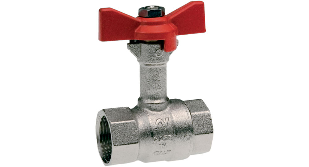Ball valve reduced bore F.F. with extension with red butterfly handle.