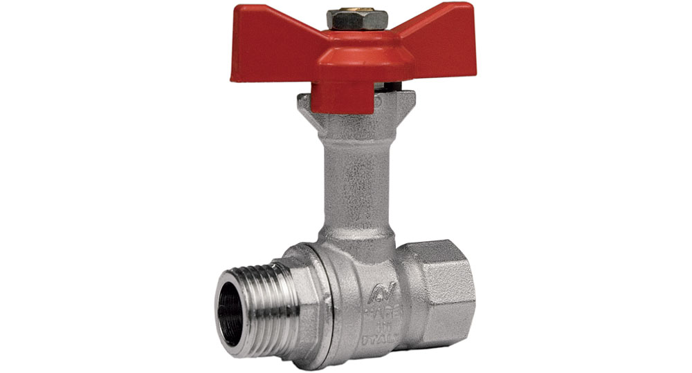 Ball valve reduced bore M.F. with extension with red butterfly handle.