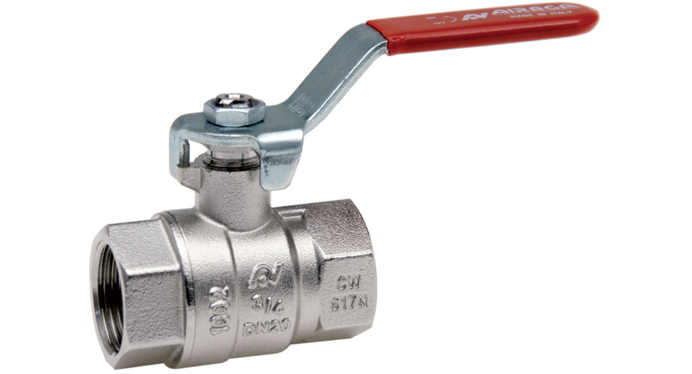 Universal ball valve full bore F.F. with red handle (screwed iron).