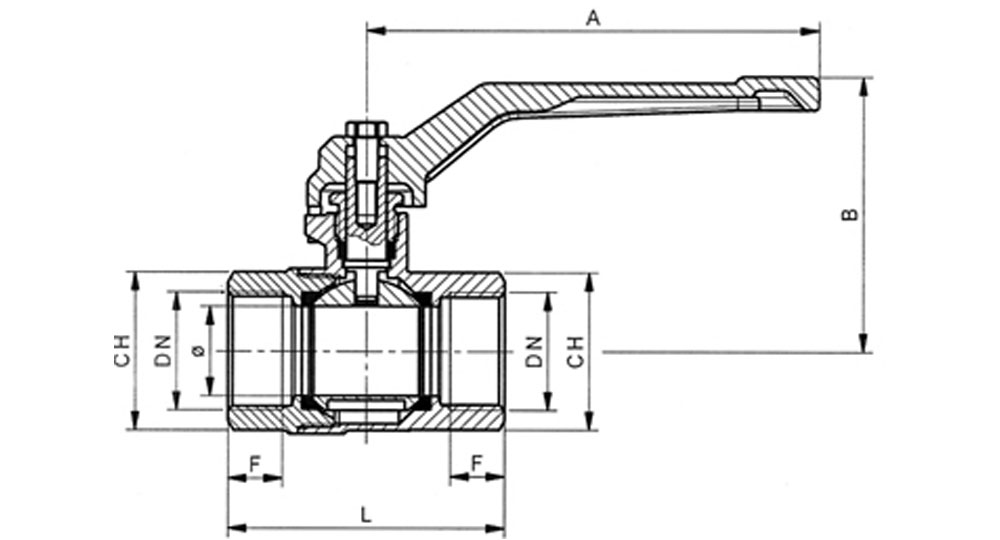 Universal ball valve full bore F.F. with red aluminium lever handle.