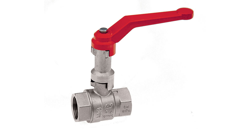 Universal ball valve full bore F.F. with extension - red aluminium lever handle.