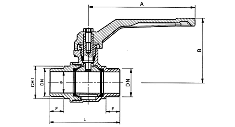 Universal ball valve full bore M.M. with red aluminium lever handle.