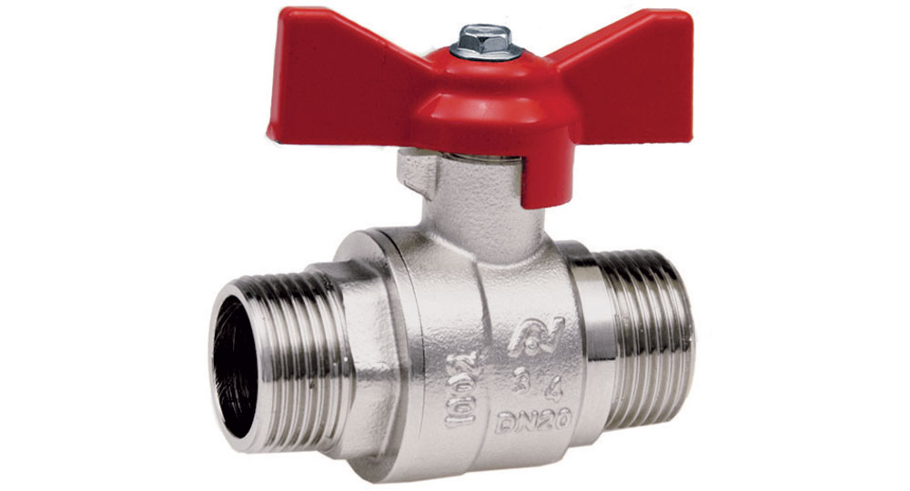 Universal ball valve full bore M.M. with red butterfly handle.