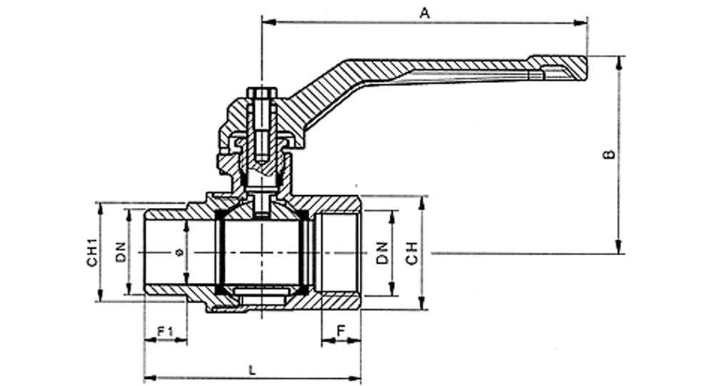 Universal ball valve full bore M.F. with red aluminium lever handle.