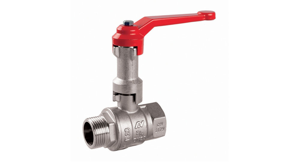 Universal ball valve full bore M.F. with extention - red aluminium lever handle.