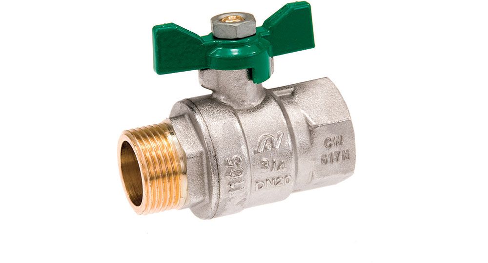 Ecological ball valve full bore M.F. with green butterfly handle.