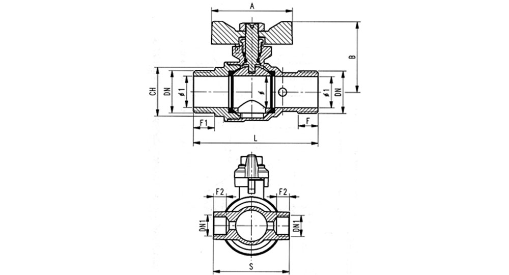 Ecological ball valve full bore m.m. with plug  and drain cock, green butterfly handle.