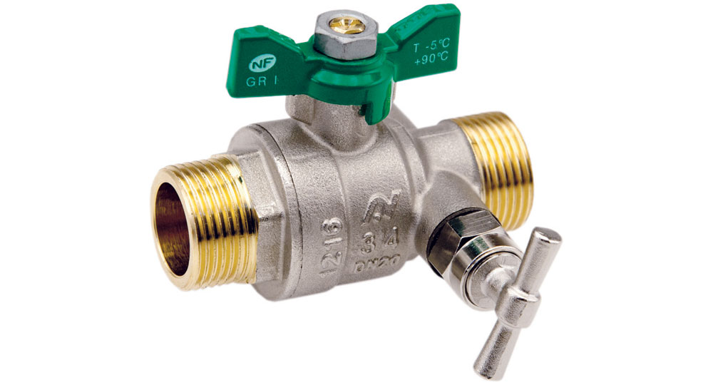 Ecological ball valve full bore m.m. with plug  and drain cock, green butterfly handle.