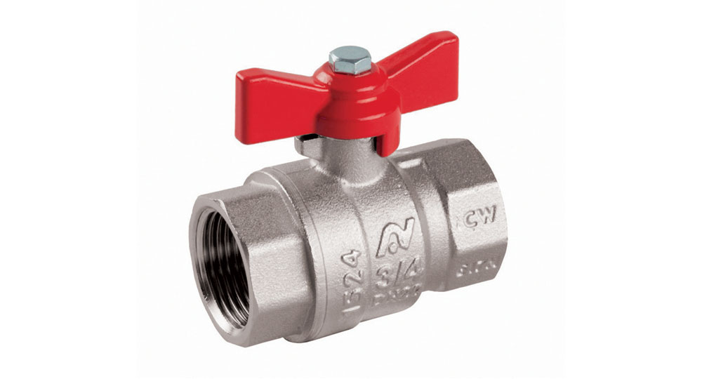 Ball valve standard bore F.F. with red butterfly handle.