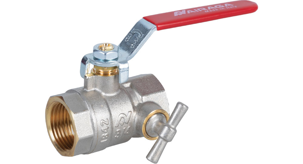 Ball valve standard bore F.F. with integrated drain function - red handle (screwed iron).
