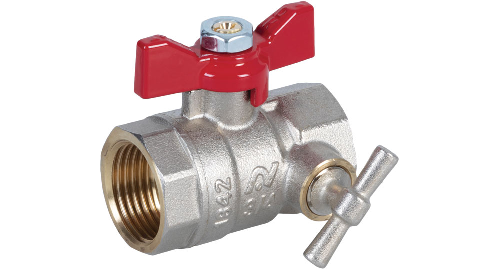 Ball valve standard bore F.F. with integrated drain function red butterfly handle.