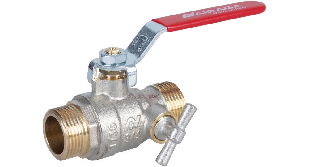 Ball valve standard bore M.M. with integrated drain function - red handle (screwed iron).