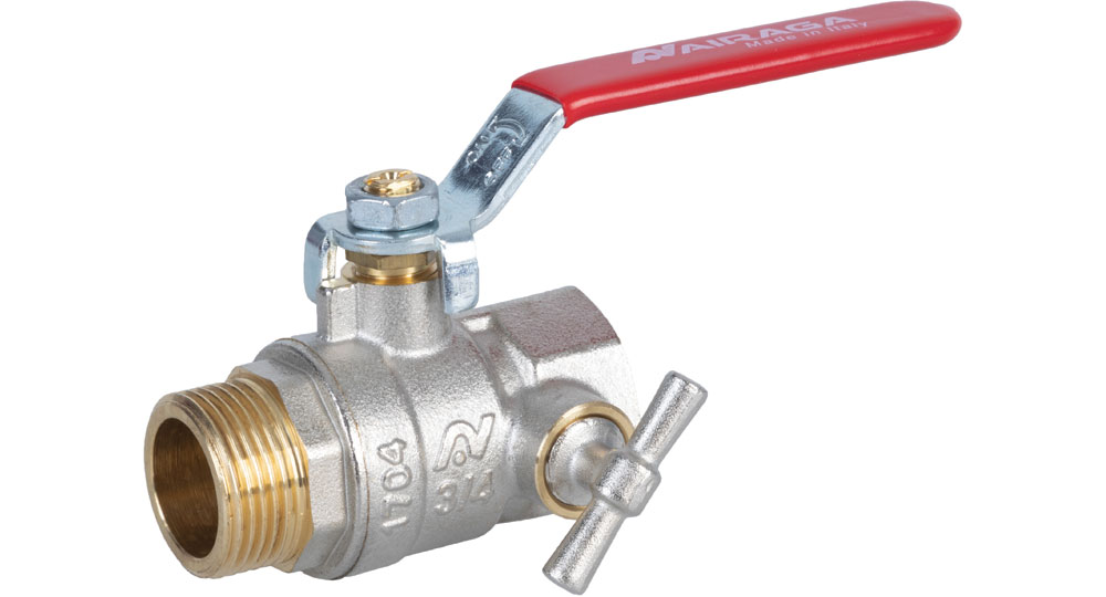 Ball valve standard bore M.F.  with integrated drain function - red handle (screwed iron).