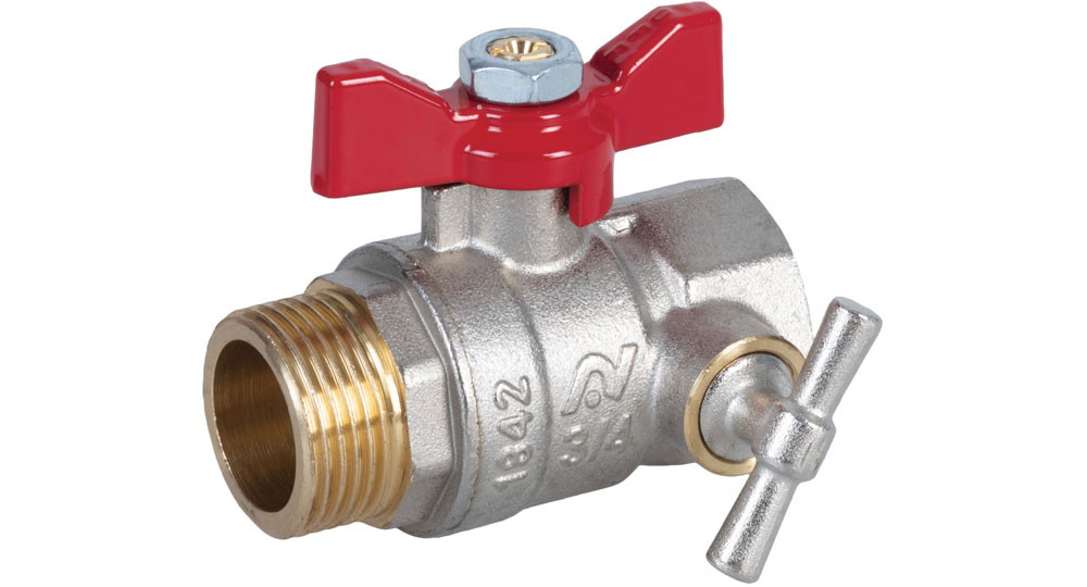 Ball valve standard bore M.F. with integrated drain function - red butterfly handle.
