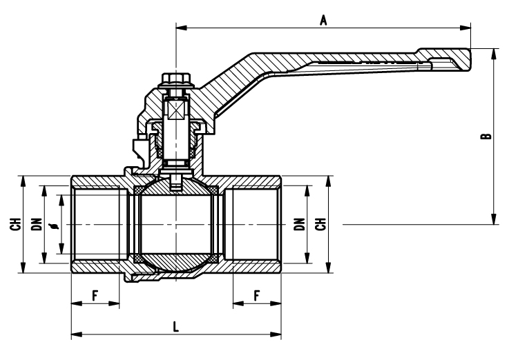 Industrial ball valve full bore F.F. with red aluminium lever handle. EN10226 THREAD